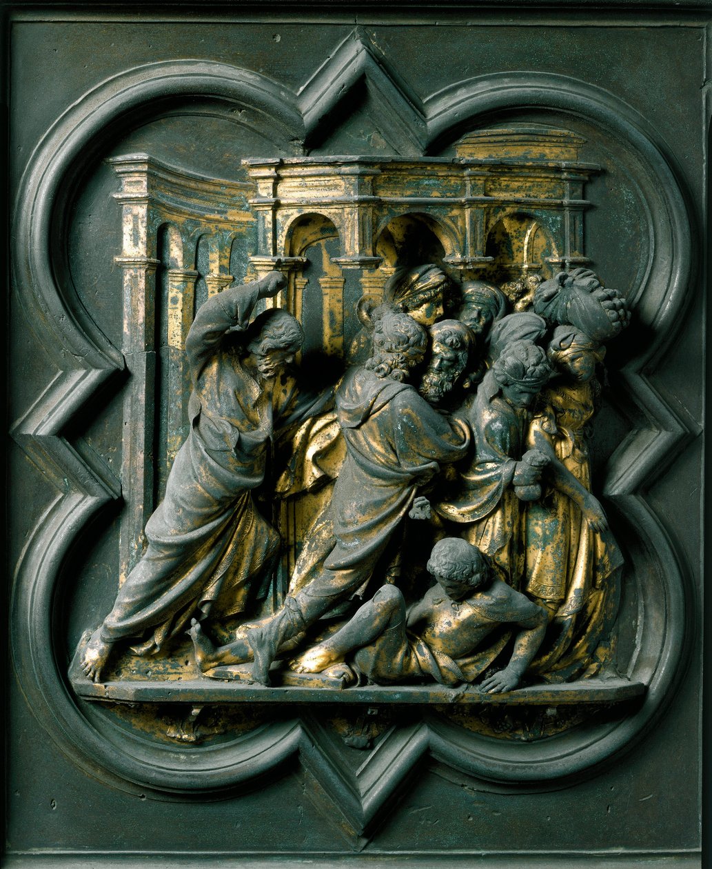 Nordtor (genannt Kreuztor, im Norden), Außendetail: Jesus vertreibt die Händler aus dem Tempel. Bronzeskulptur von Lorenzo Ghiberti von Lorenzo Ghiberti