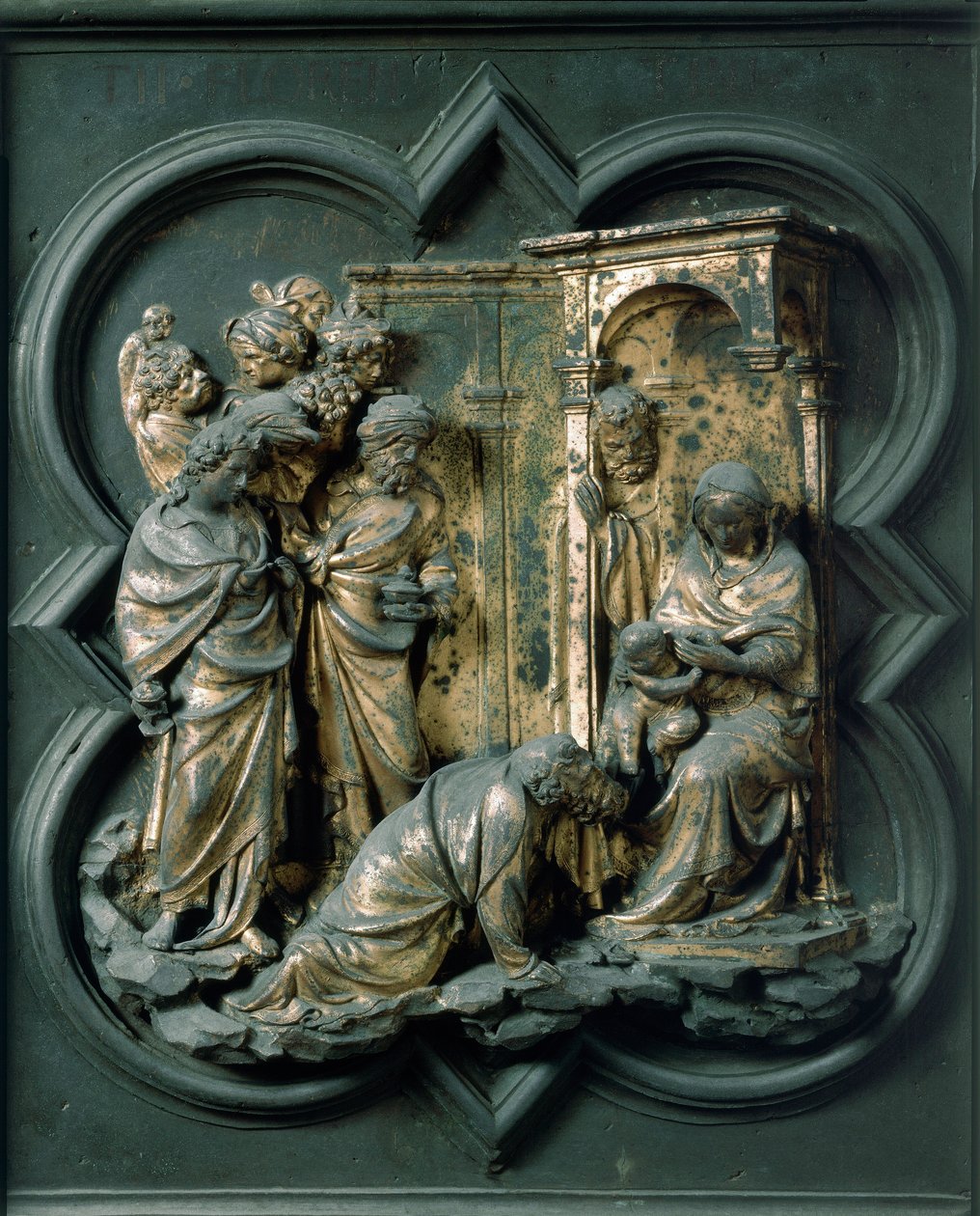 Nordtor (genannt Kreuztor, nach Norden), Außendetail: Anbetung der Heiligen Drei Könige. Bronzeskulptur von Lorenzo Ghiberti von Lorenzo Ghiberti