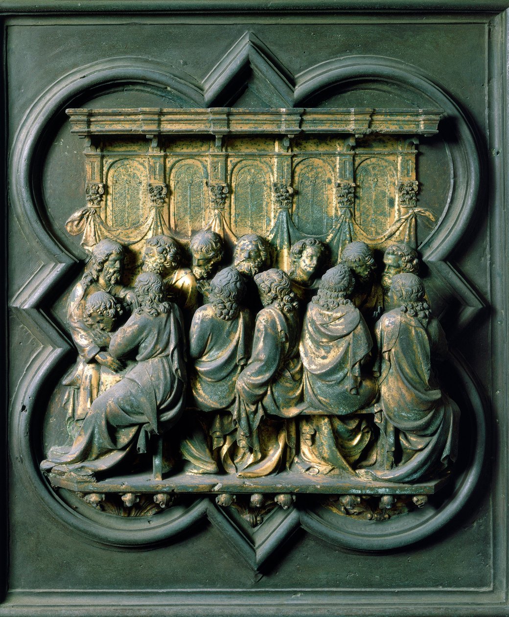 Nordtor (genannt Kreuztor, im Norden), Außendetail: Das letzte Abendmahl. Bronzeskulptur von Lorenzo Ghiberti von Lorenzo Ghiberti