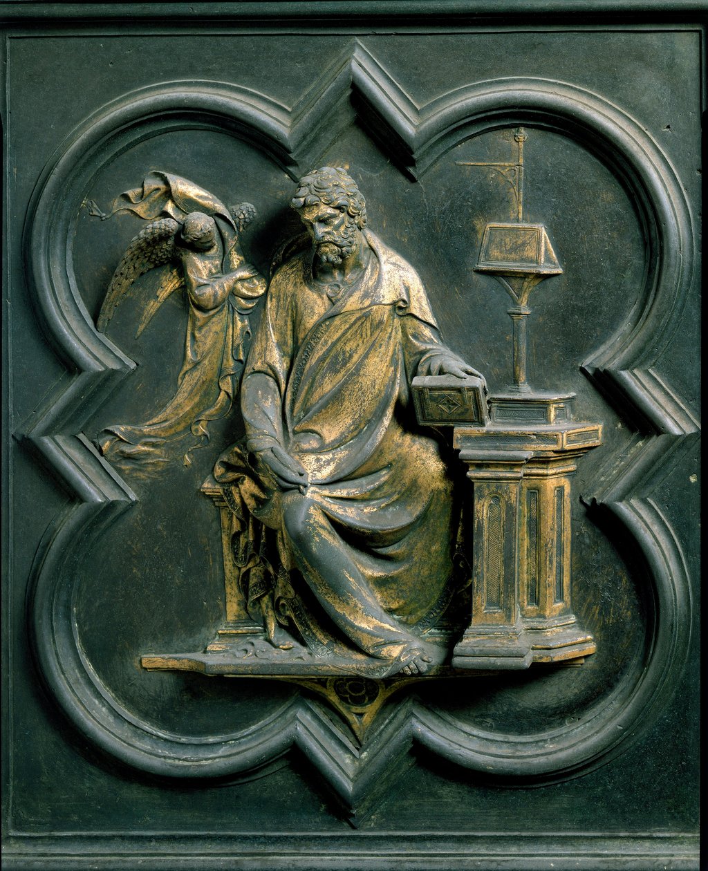 Nordtor (genannt Kreuztor, nach Norden), Außendetail: Heiliger Matthäus. Bronzeskulptur von Lorenzo Ghiberti von Lorenzo Ghiberti