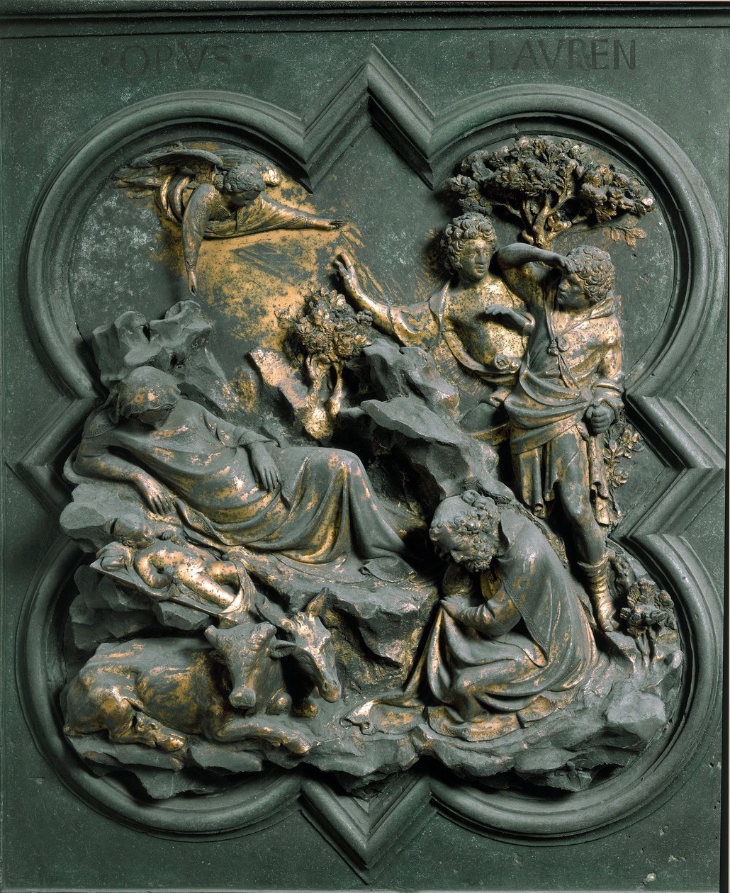 Porta Nord (detta Porta della Croce, a nord), dettaglio esterno: la Natività. Scultura in bronzo di Lorenzo Ghiberti da Lorenzo Ghiberti