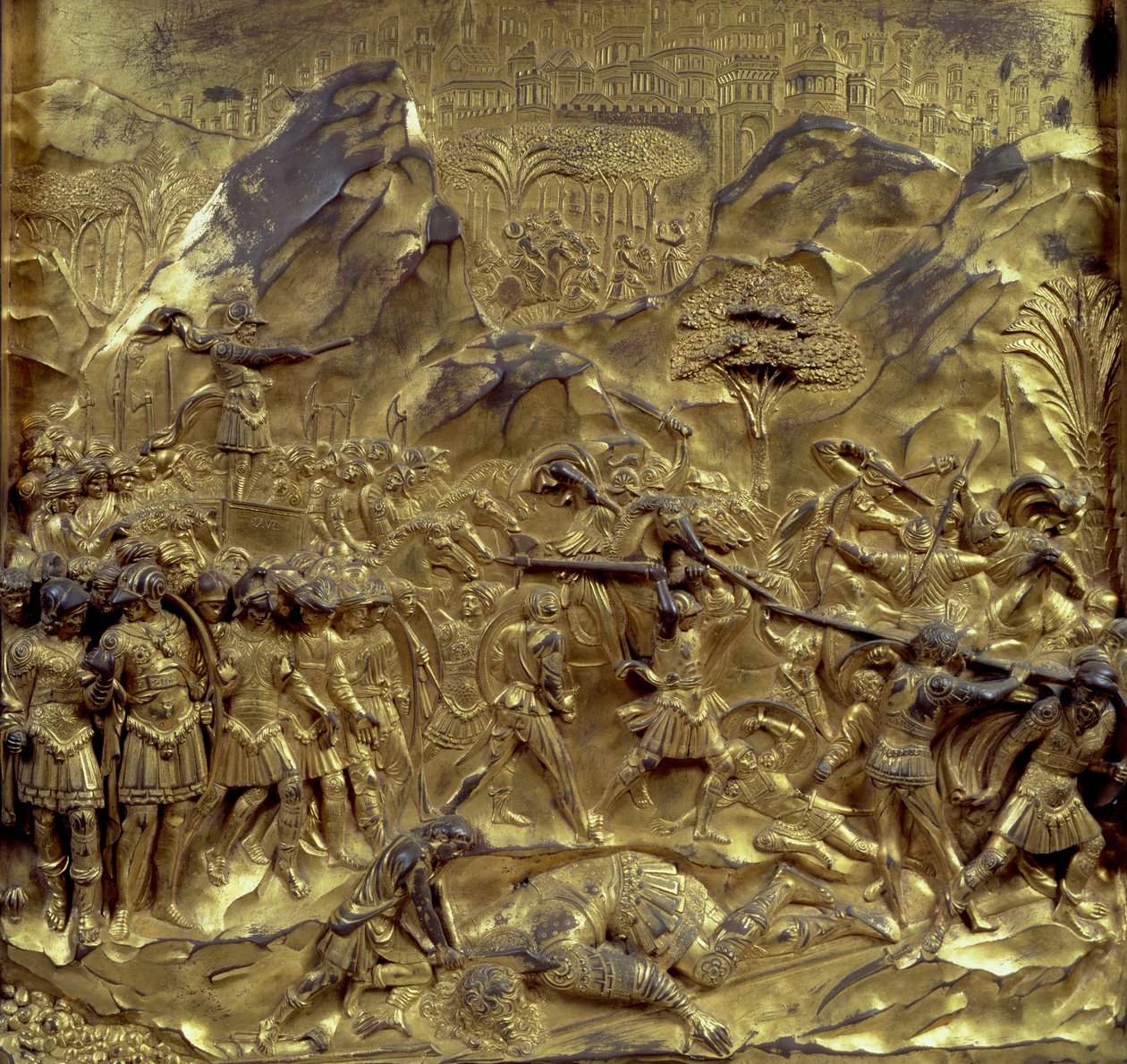 La storia di Davide e Golia, uno dei dieci pannelli in rilievo dalle Porte del Paradiso (porte est), 1425-52 da Lorenzo Ghiberti