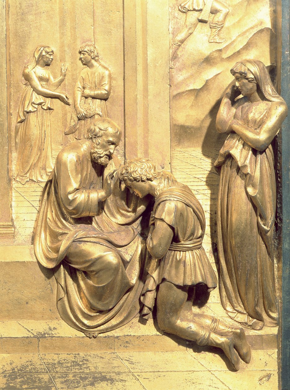 La Storia di Giacobbe ed Esaù, (dettaglio) della Benedizione di Isacco a Giacobbe, dal pannello originale delle Porte Est del Battistero (post restauro) da Lorenzo Ghiberti