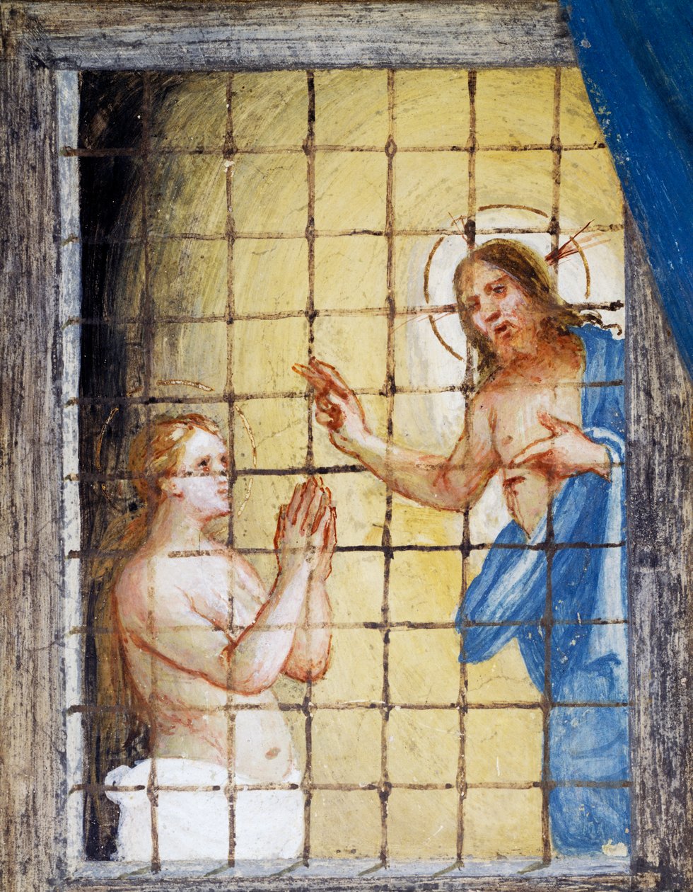 Cristo visita Santa Barbara in prigione e la guarisce, dettaglio dalle Storie di Santa Barbara da Lorenzo Lotto