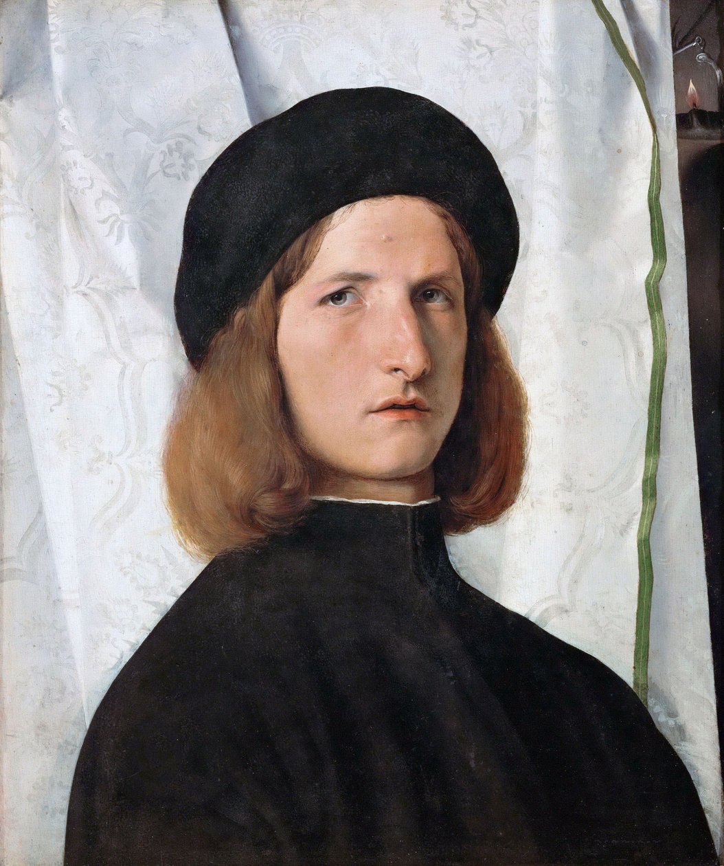 Tedesco: Bildnis eines Jünglings vor weißem Vorhang Ritratto di giovane con lampada da Lorenzo Lotto