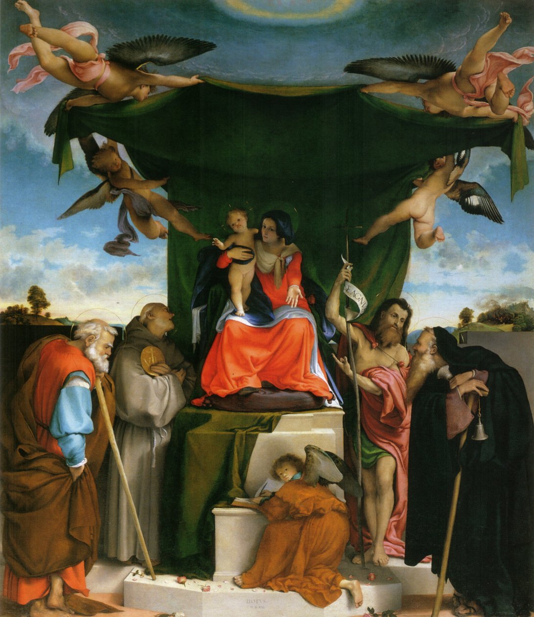 tedesco: Thronende Madonna, Engel und Heilige Madonna in trono con bambino, angeli e santi da Lorenzo Lotto