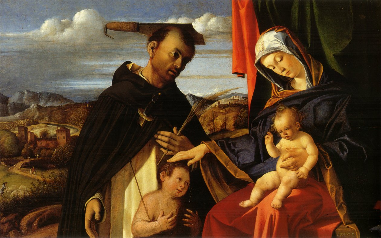 Italiano:  Madonna col Bambino e San Pietro Martire Madonna col Bambino e i giovani San Giovanni Battista e San Pietro Martire da Lorenzo Lotto