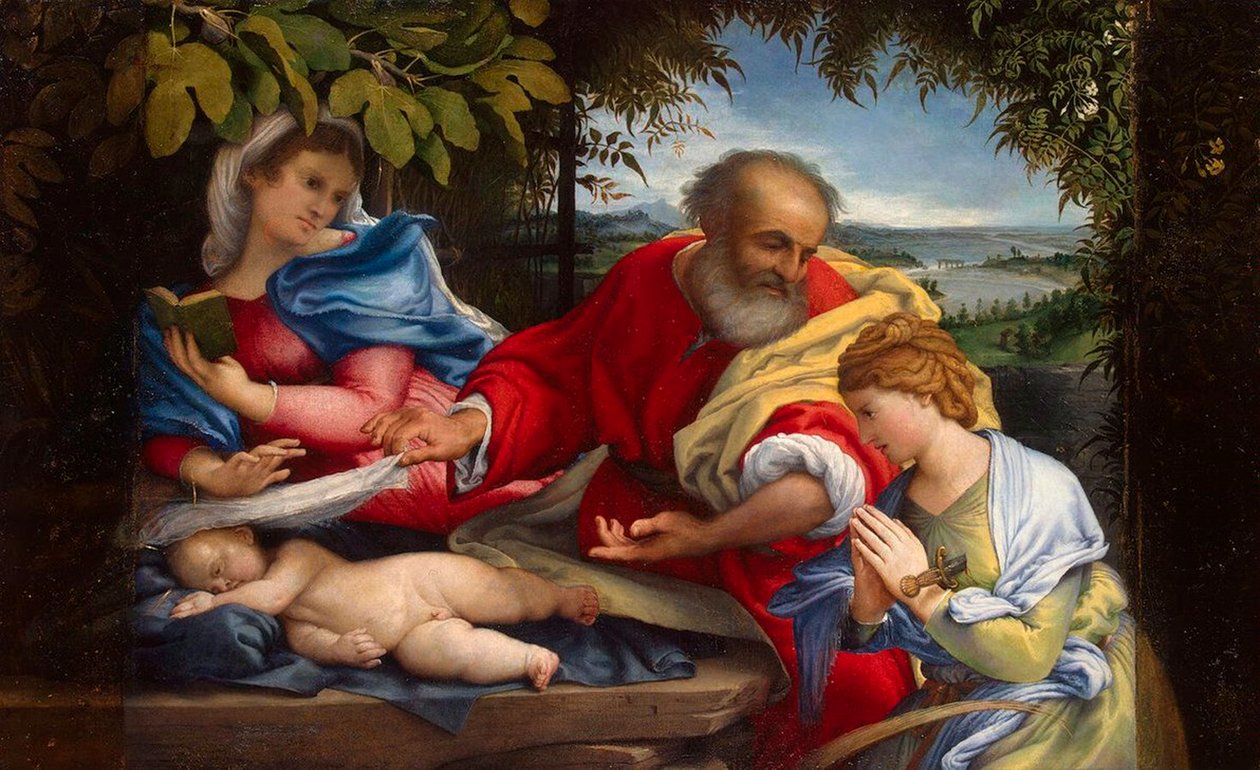 Riposo durante la fuga in Egitto con Santa Giustina da Lorenzo Lotto