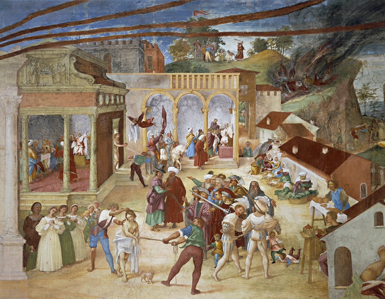 Santa Barbara condotta per le strade della città (dettaglio da Cristo-Vite e Leggenda di Santa Barbara) da Lorenzo Lotto