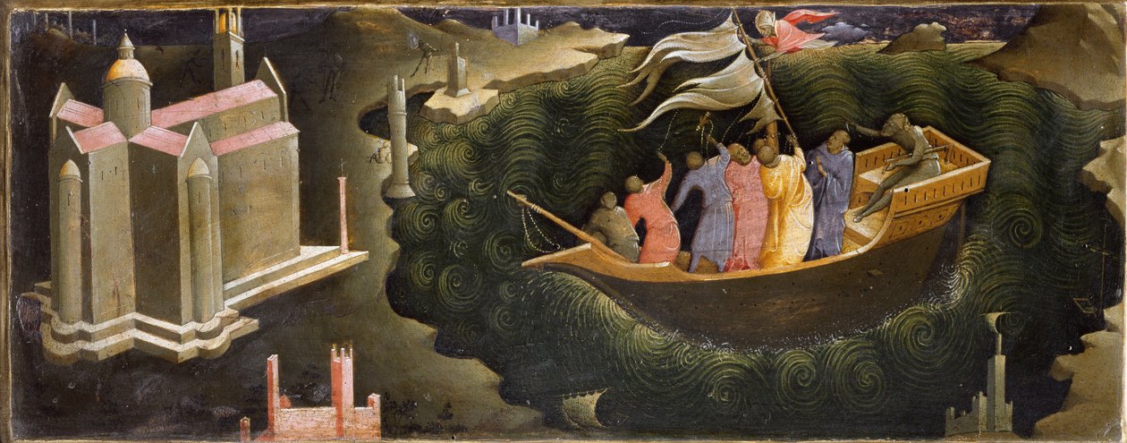 Rappresentazione di San Nicola che calma la tempesta. Nicola di Myra (o Nicola di Bari) salva una barca dal naufragio. Dipinto su legno di Lorenzo Monaco da Lorenzo Monaco