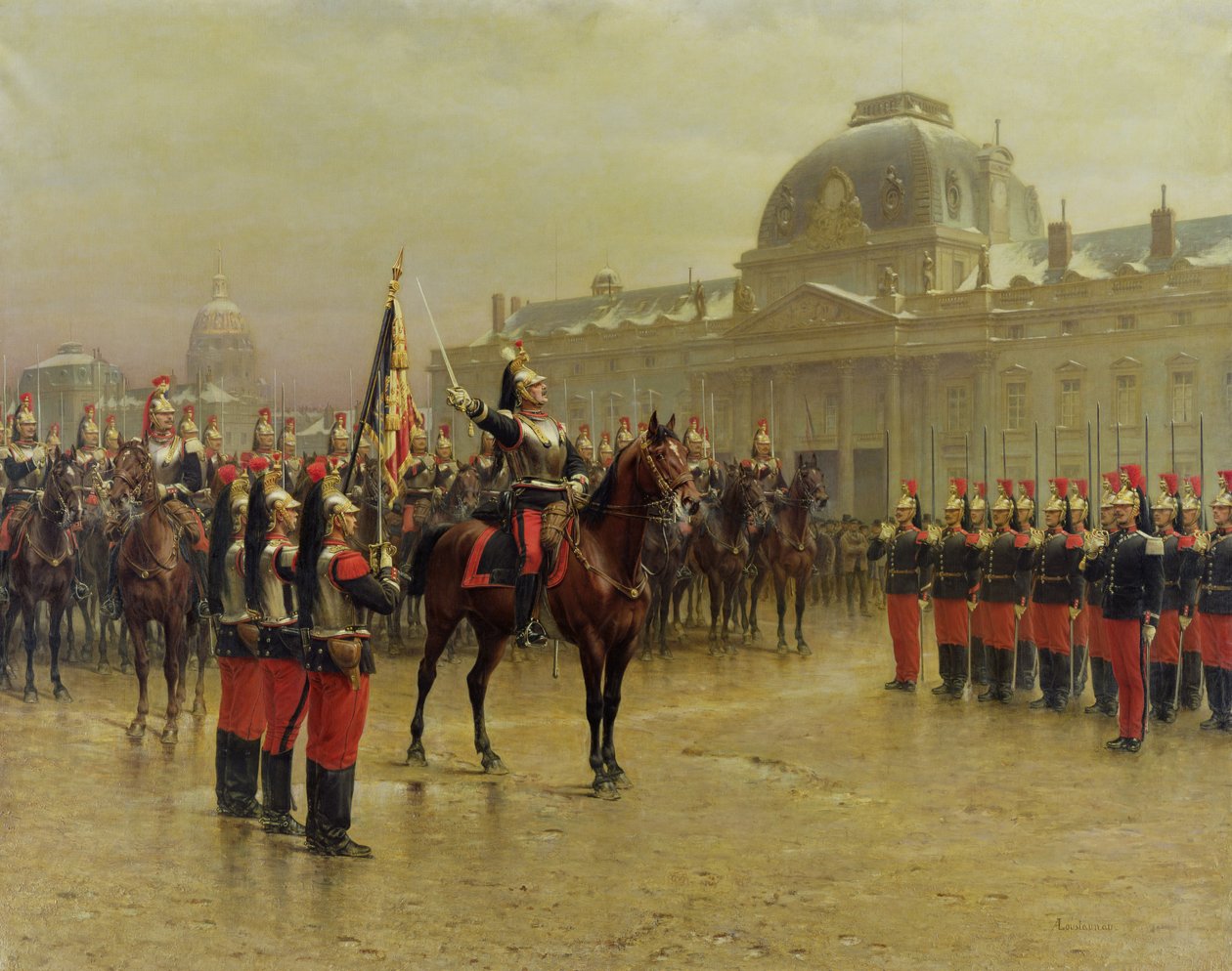 Il colonnello de La Rochetulon presenta ai reclute del 6° cavalleria lo stendardo del reggimento nel gennaio 1887, c.1887 da Louis Auguste Georges Loustaunau