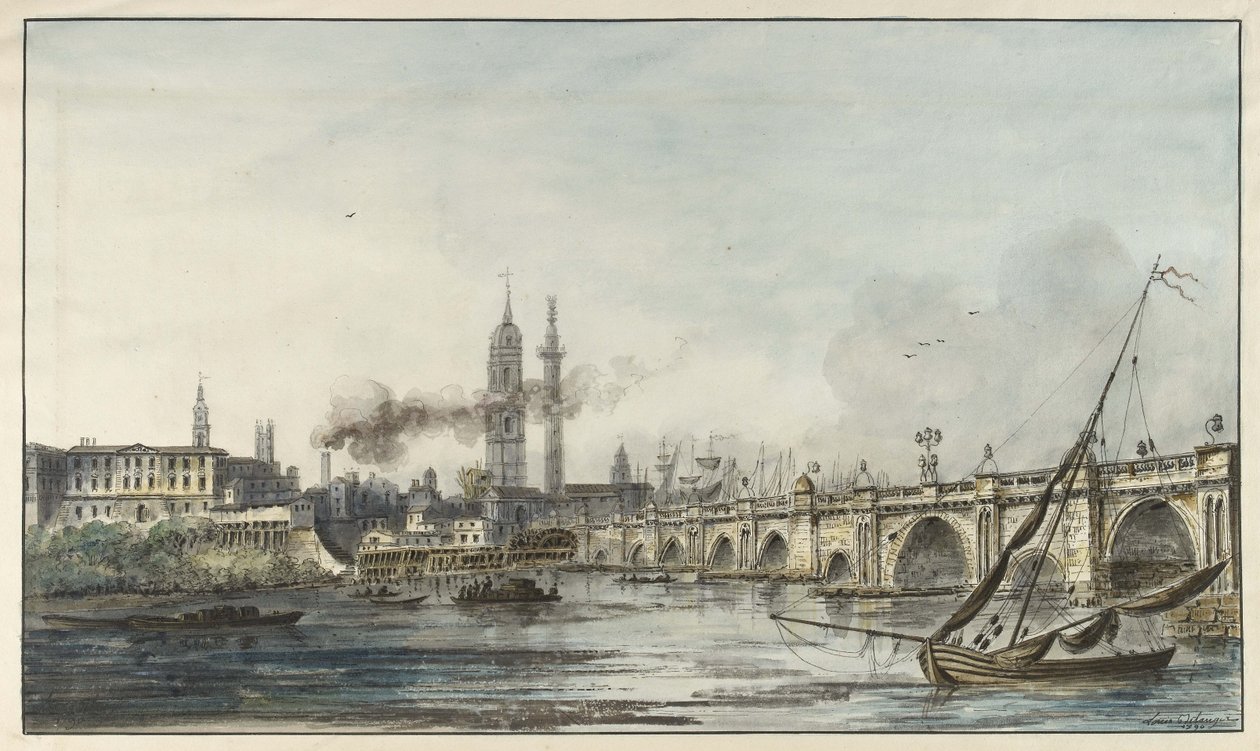 Vista attraverso il Tamigi verso la Chiesa di San Magnus e il Monumento con il Ponte di Londra a destra da Louis Bélanger