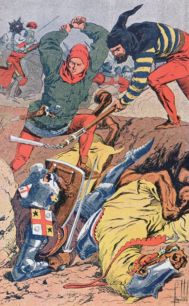 Cittadini fiamminghi, combattendo a piedi, sconfiggono i cavalieri francesi ben armati e montati nella battaglia degli speroni d