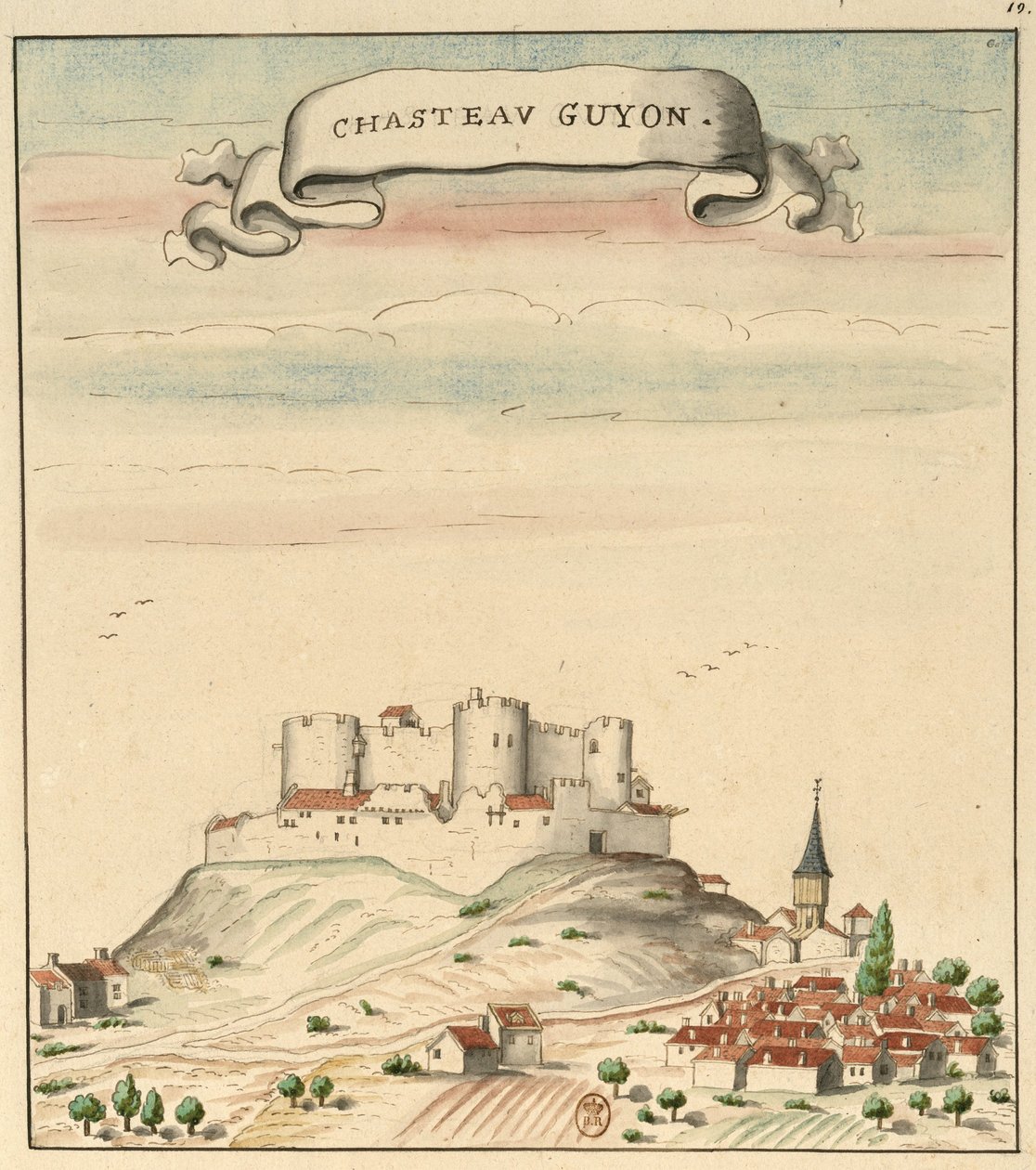 Disegno del castello e del villaggio di Châtel-Guyon (circa 1450) ispirato a Guillaume Revel, L
