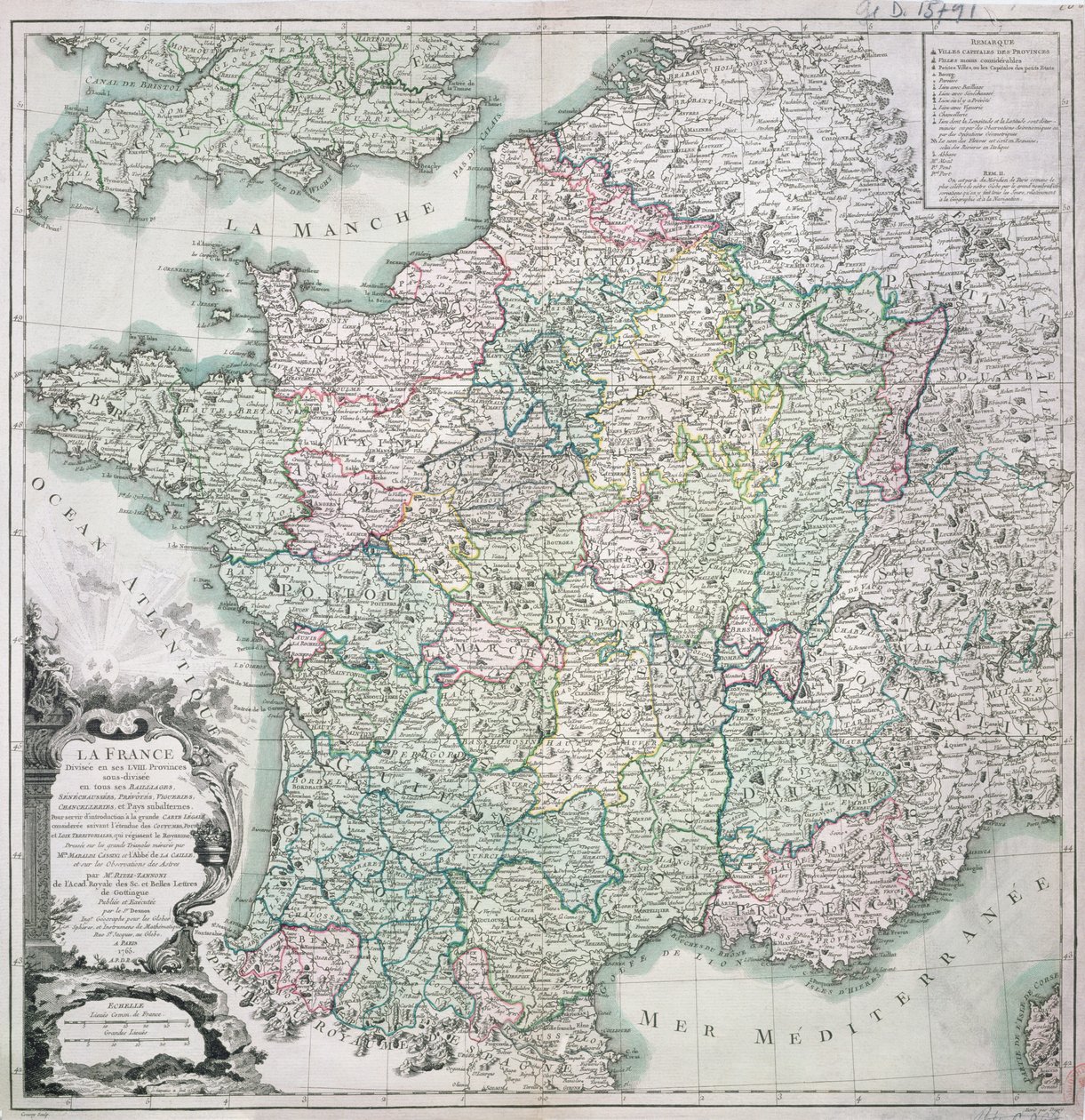 Mappa della Francia divisa in 58 province, 1765 da Louis Charles Desnos