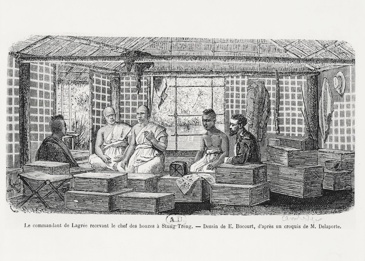 Il comandante Lagree riceve il capo dei monaci a Stung Treng, Cambogia, 1868 da Louis Delaporte