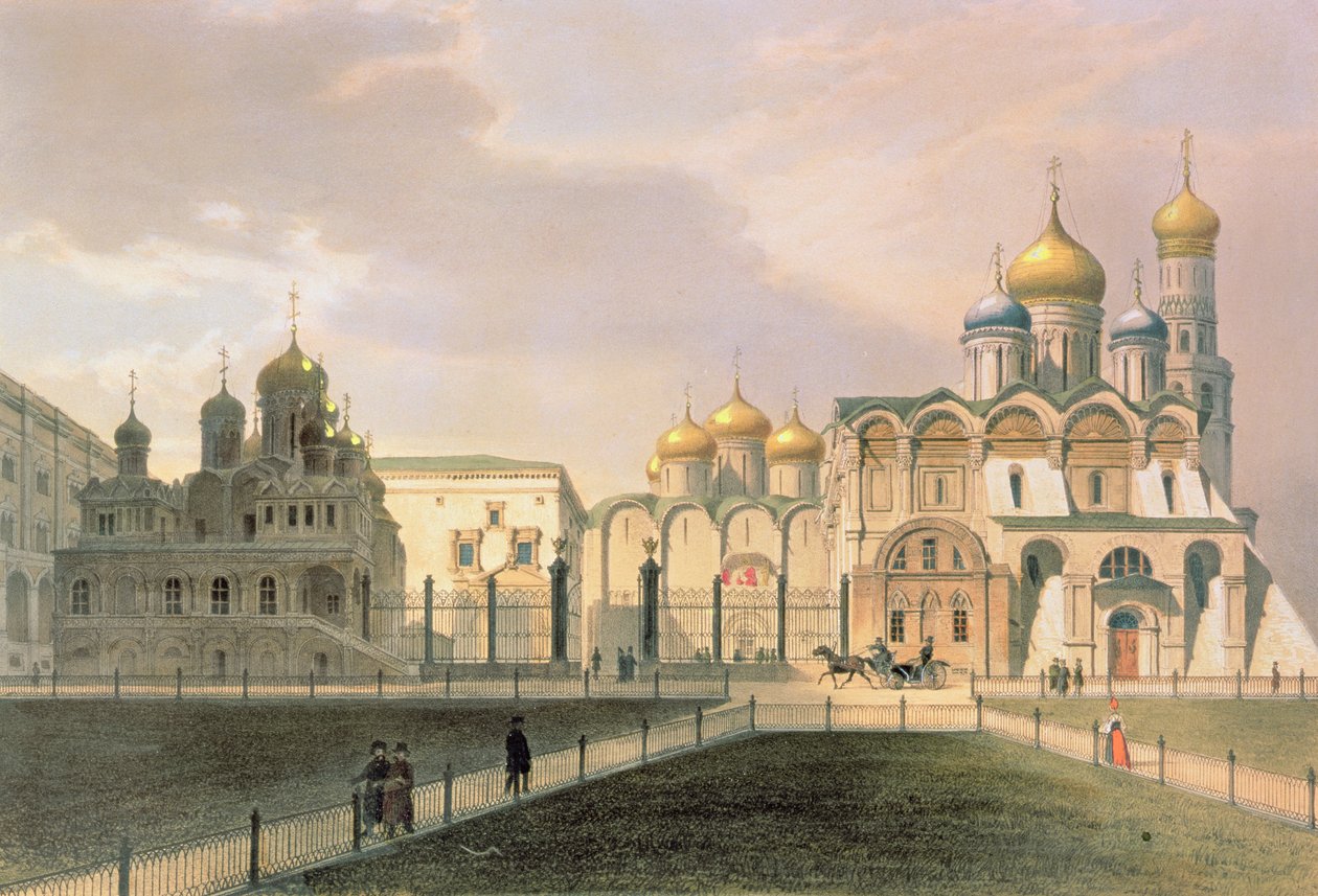 Veduta delle cattedrali nel Cremlino di Mosca, stampata da Lemercier, Parigi, 1840s da Louis Jules Arnout