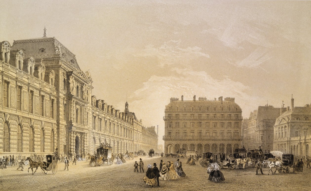 Vista della facciata del Louvre, la Rue de Rivoli e il Palais Royal, 1855 da Louis Jules Arnout