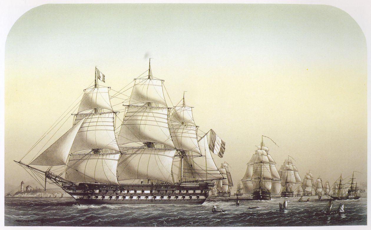 La squadra francese che naviga al largo del Grande Belt. La nave ammiraglia Inflexible può essere vista in primo piano, che guida la squadra da Louis Le Breton