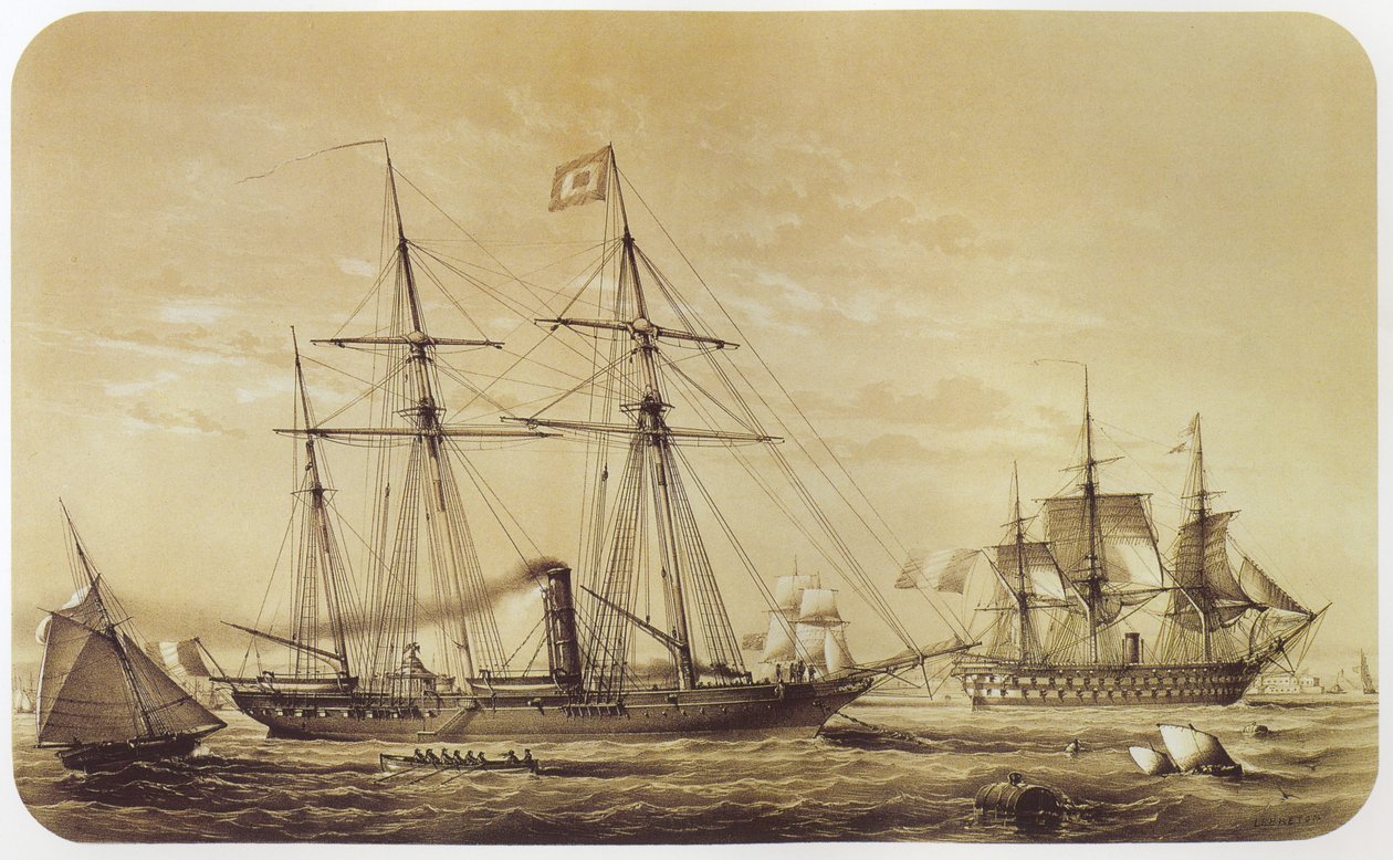 La Reine Hortense, yacht imperiale di Napoleone III. La nave da linea Austerlitz può essere vista sullo sfondo da Louis Le Breton