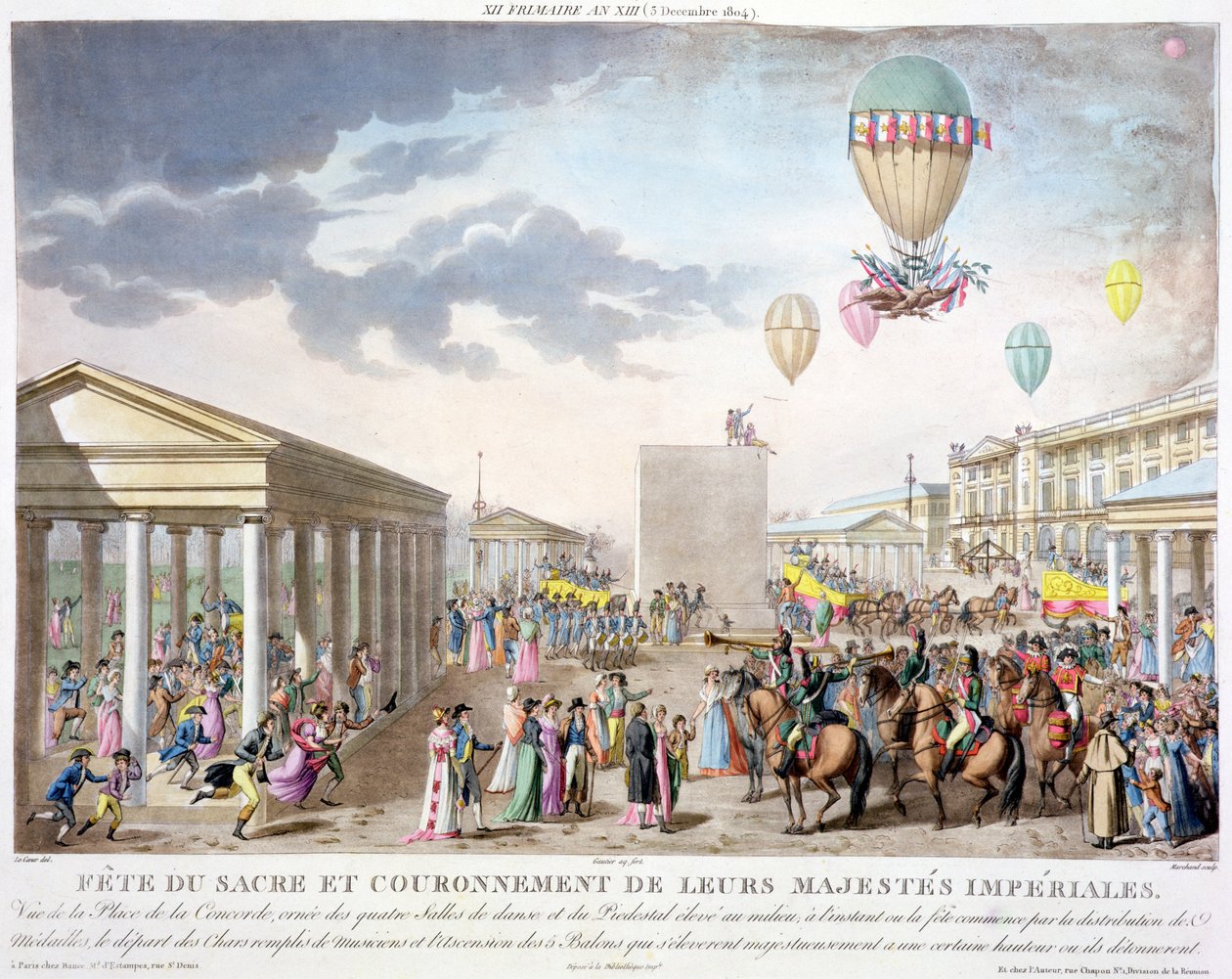 Festa sacra e incoronazione delle loro Maestà Imperiali, vista della Place de la Concorde, Parigi, inciso da Marchand, pubblicato nel 1806 (incisione colorata a mano) da Louis Le Coeur