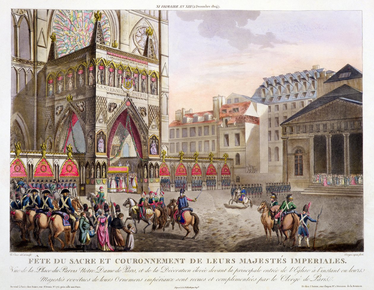 Festa sacra e incoronazione delle loro Maestà Imperiali, vista della Place du Parvis Notre Dame, inciso da Dorgez (fl.1780-1814), pubblicato 1806 da Louis Le Coeur