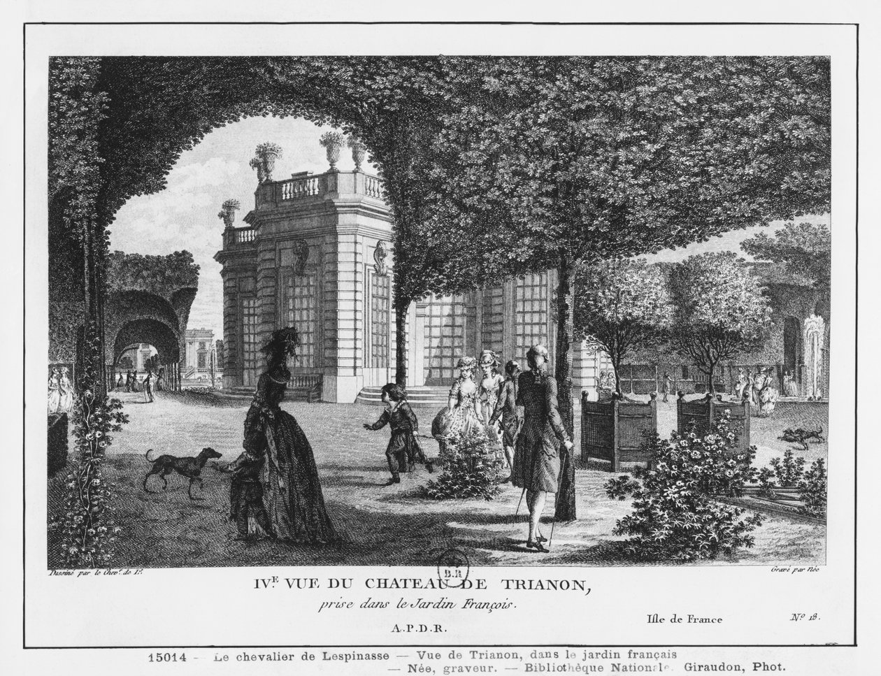 Quarta vista del Trianon, presa nel giardino francese, inciso da Francois Denis Nee (1732-1817) da Louis Nicolas de Lespinasse