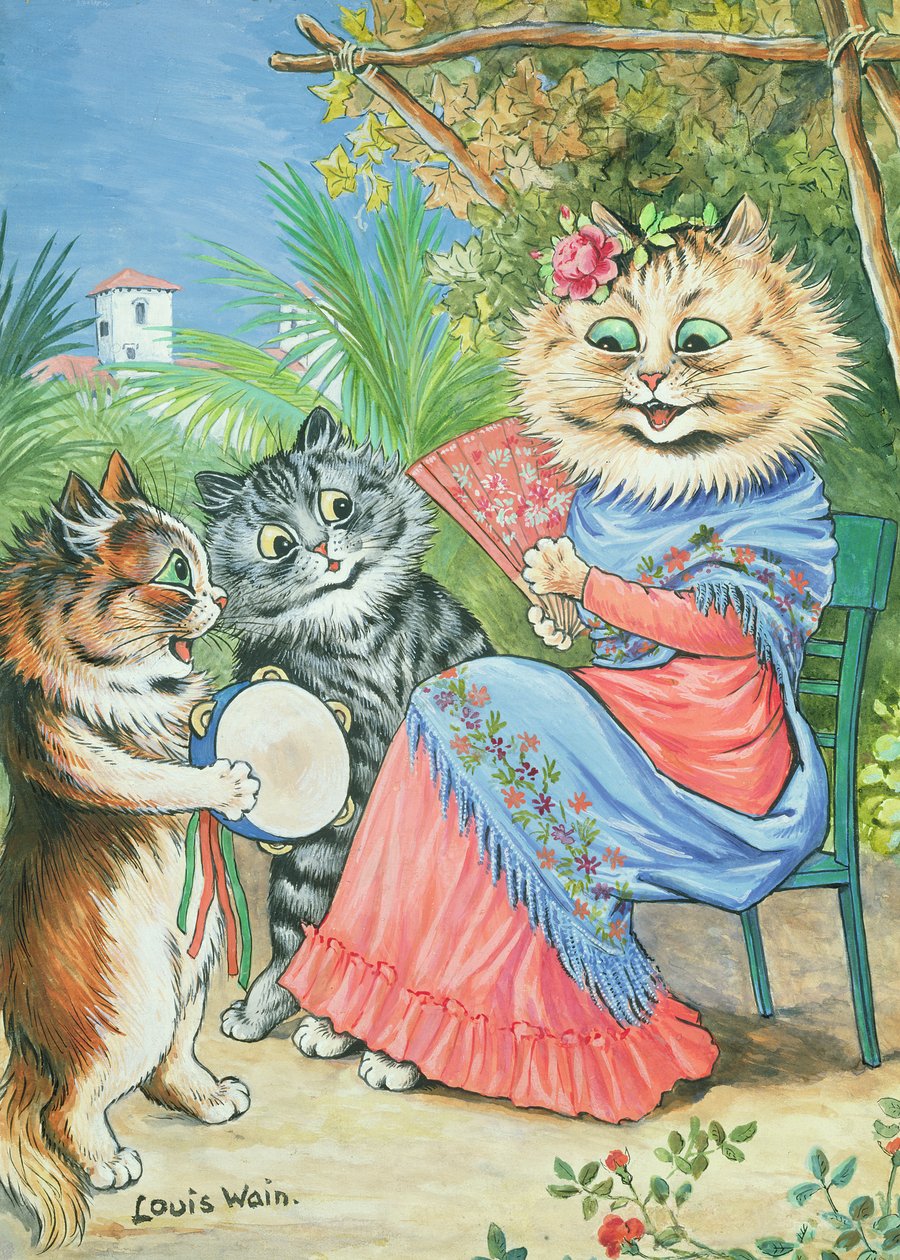 Gatta con ventaglio e due gattini da Louis Wain