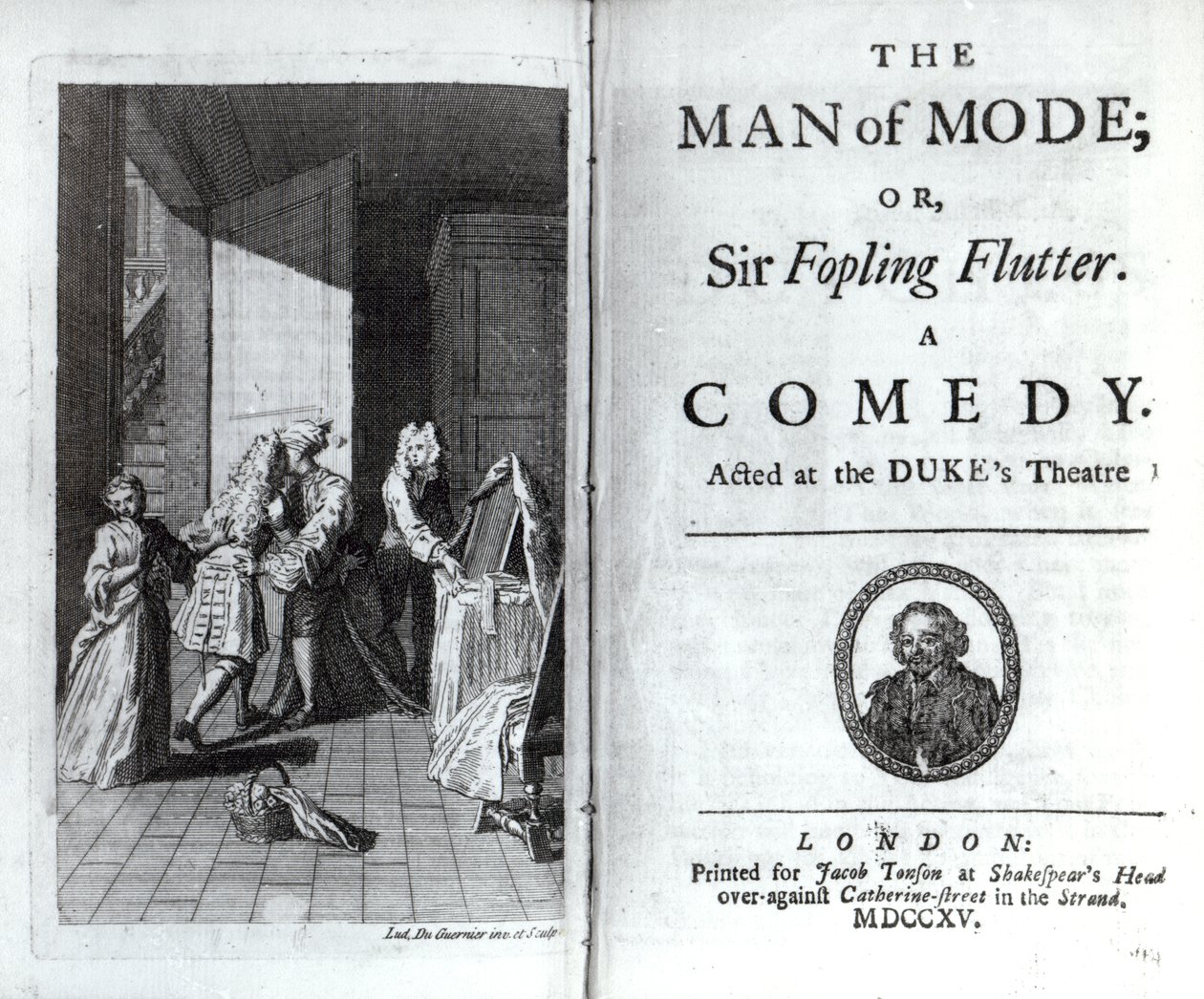 Frontespizio e pagina del titolo per The Man of Mode, or Sir Fopling Flutter di George Etherege, pubblicato nel 1715 da Louis du Guernier