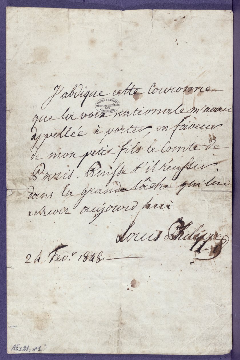 Atto di abdicazione al trono di Luigi Filippo (1773-1850) a favore di suo nipote, Luigi Filippo Alberto d