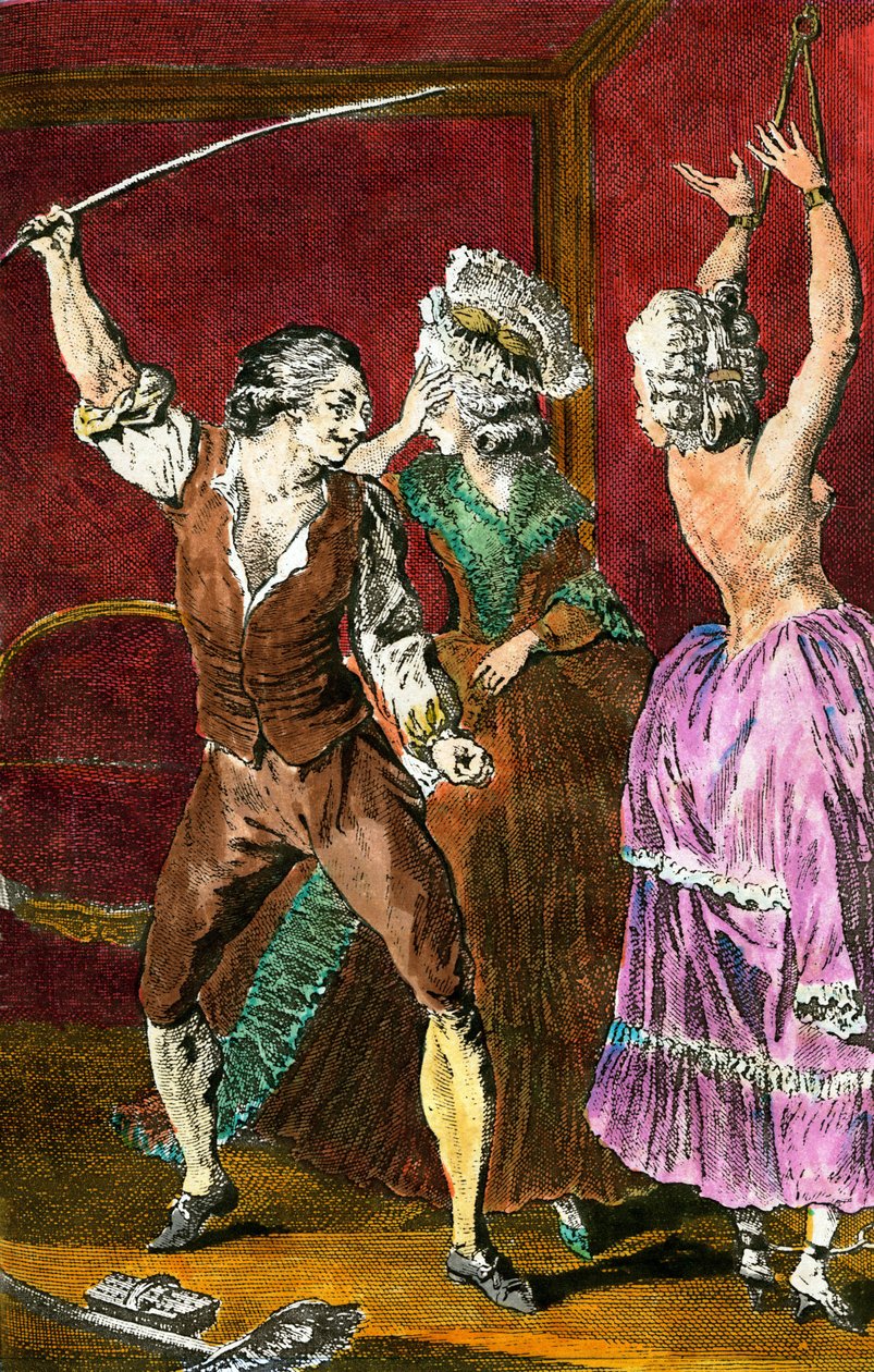Erotismo: membri della nobiltà che si concedono piaceri sadomasochistici, un uomo frusta una donna legata. Incisione di Leroy su disegno di Louis Binet (1744-1800) per "Il contadino pervertito" di Restif de la Bretonne (1734-1806) 1775 da Louis (after) Binet