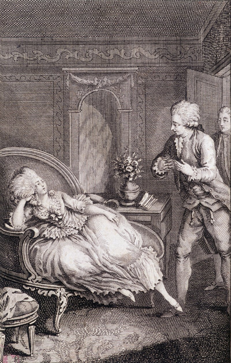 Gentiluomo che dichiara il suo amore a una dama languente su una pastorella - in “Les francaises ou 34 esempi scelti nei costumi attuali adatti a guidare figlie, mogli, madri” di Restif de La Bretonne (1734-1806), ill. di Binet, Neufchatel da Louis (after) Binet