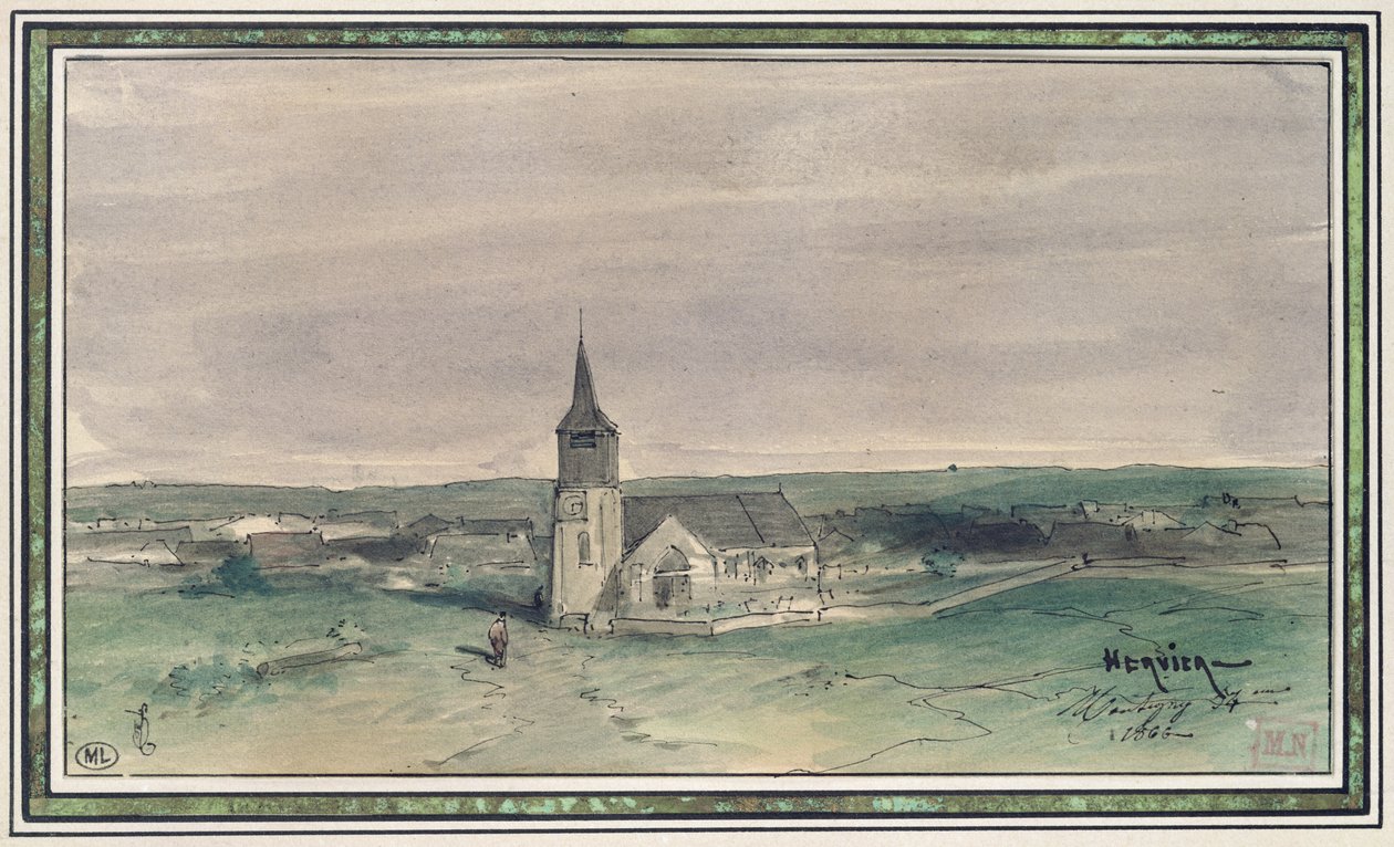 Chiesa e villaggio in mezzo a un campo, Montigny, 1866 da Louis Adolphe Hervier