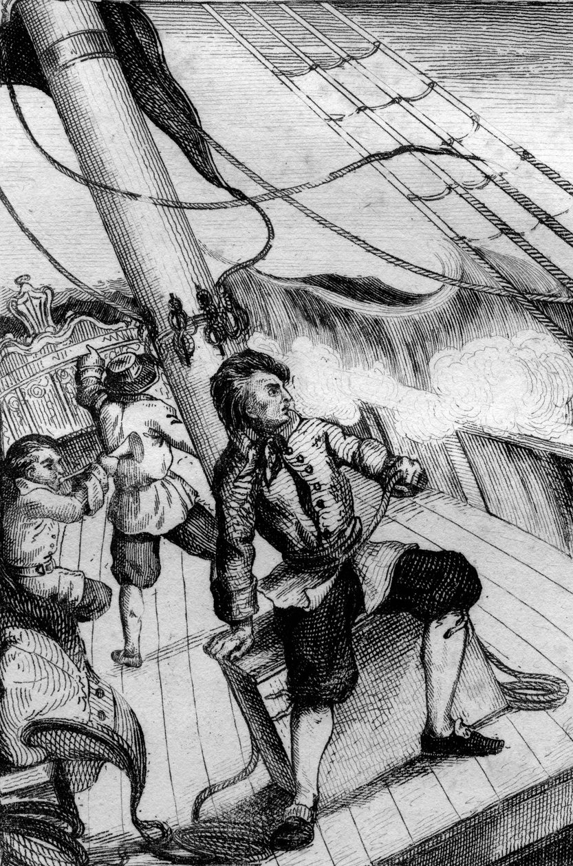 Ogni minuto mi aspettavo di essere inghiottito, incisione dal disegno di M. de Sainson per il libro di Daniel Defoe "Robinson Crusoe" edizione francese del 1837 da Louis Auguste de Sainson
