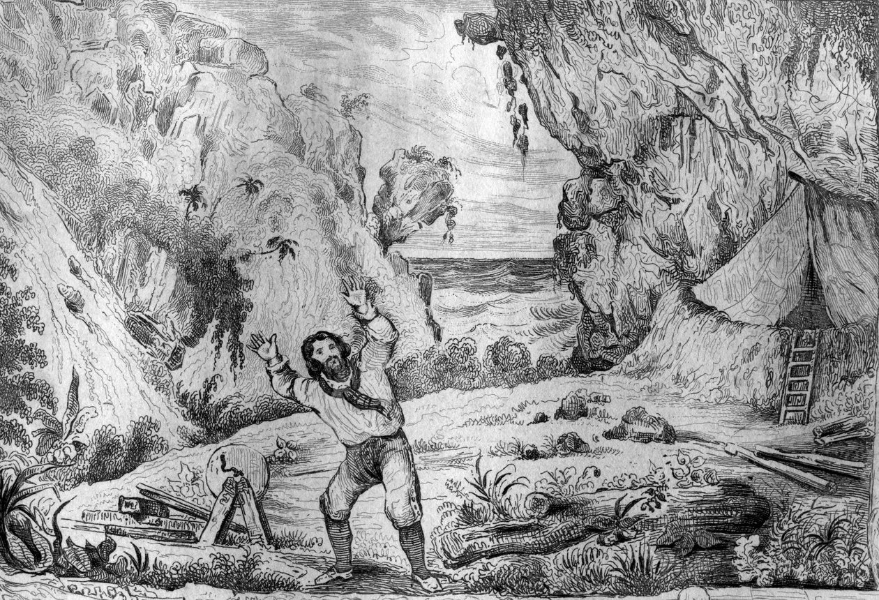 Tre volte il terreno tremò sotto i miei piedi incisione dal disegno di M. de Sainson per il libro di Daniel Defoe "Robinson Crusoe" edizione francese del 1837. da Louis Auguste de Sainson