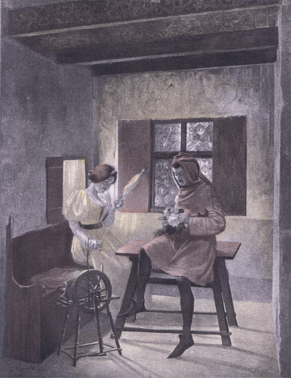 Simona che fila, illustrazione dal Decameron di Boccaccio pubblicata dalla Navarre Society anni 