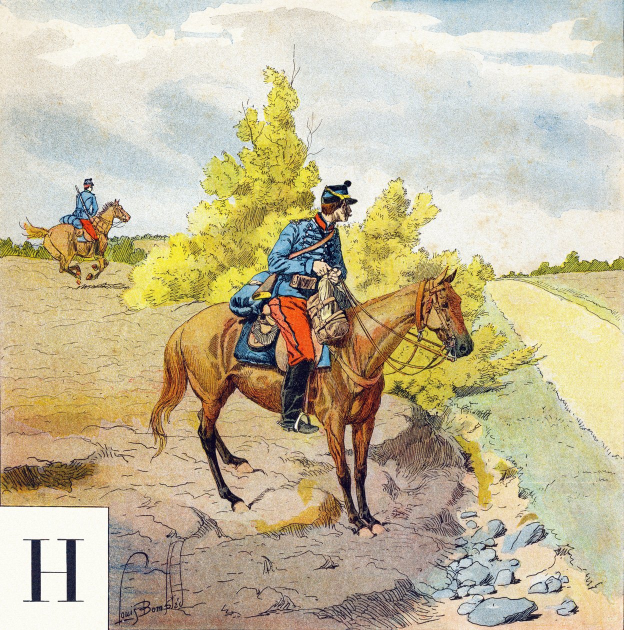 Lettera H: Ussari, "Sarò soldato" - Alfabeto militare da Louis Charles Bombled
