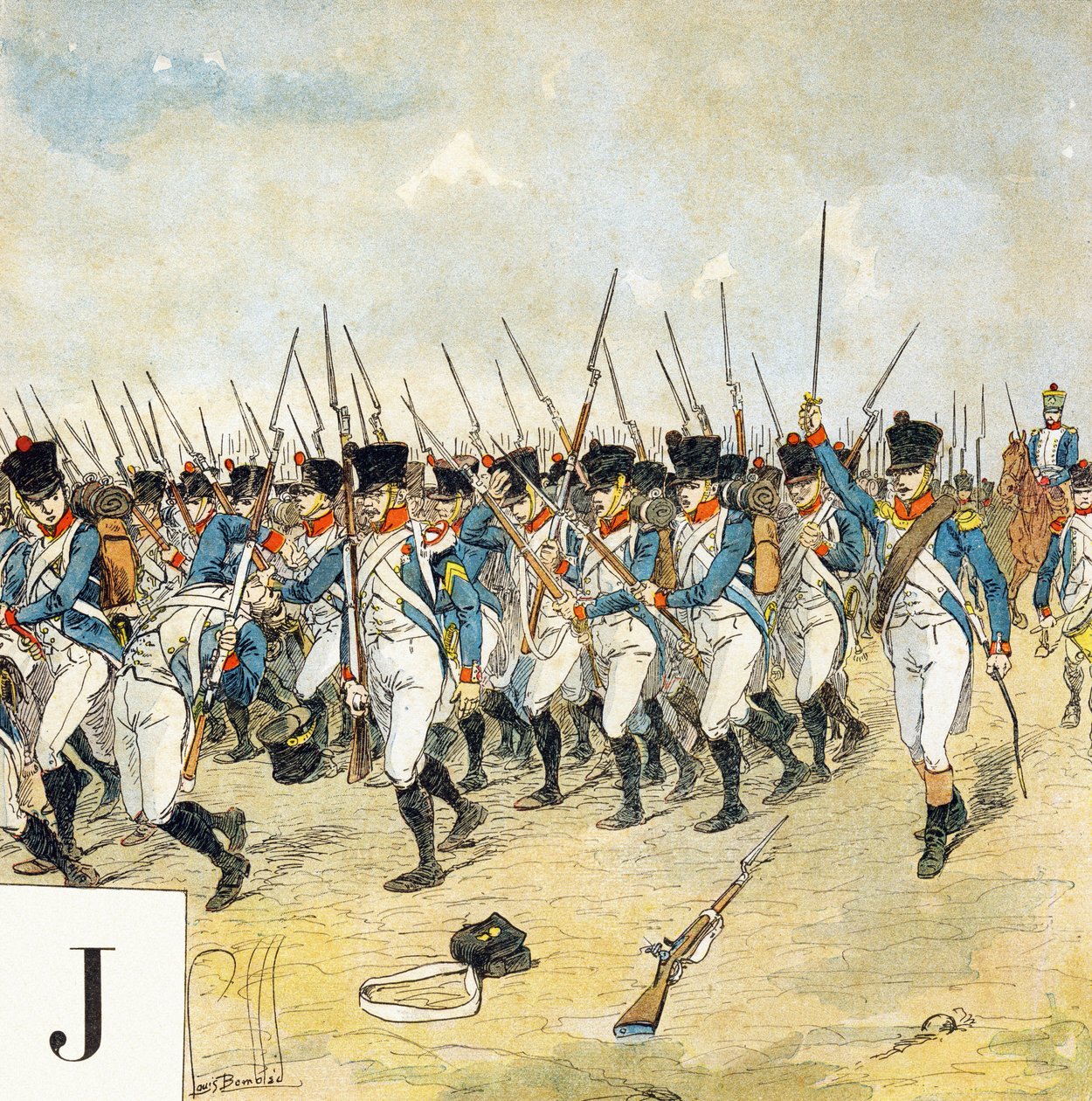 Lettera J: Guardia giovane, "Je serai soldat" - Alfabeto militare da Louis Charles Bombled