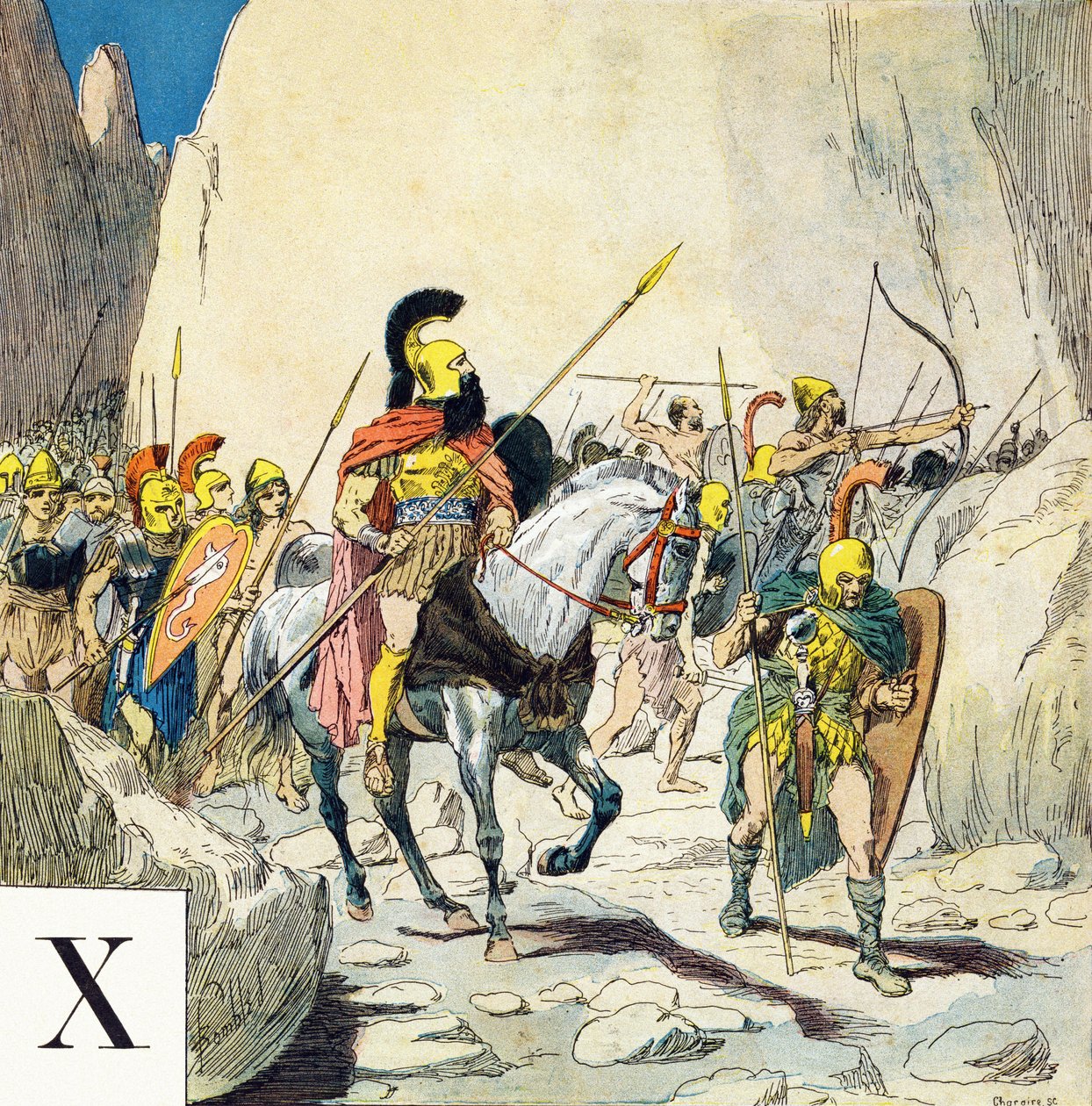 Lettera X: Senofonte (430-355 a.C.), leader militare greco, e il suo esercito, "Je serai soldat" - Alfabeto militare da Louis Charles Bombled