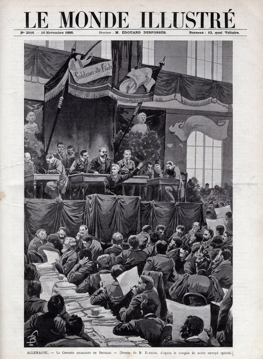 Discorso di August Bebel (1840-1913) durante il Congresso Socialista di Breslavia in Germania nel 1895 - Incisione in 