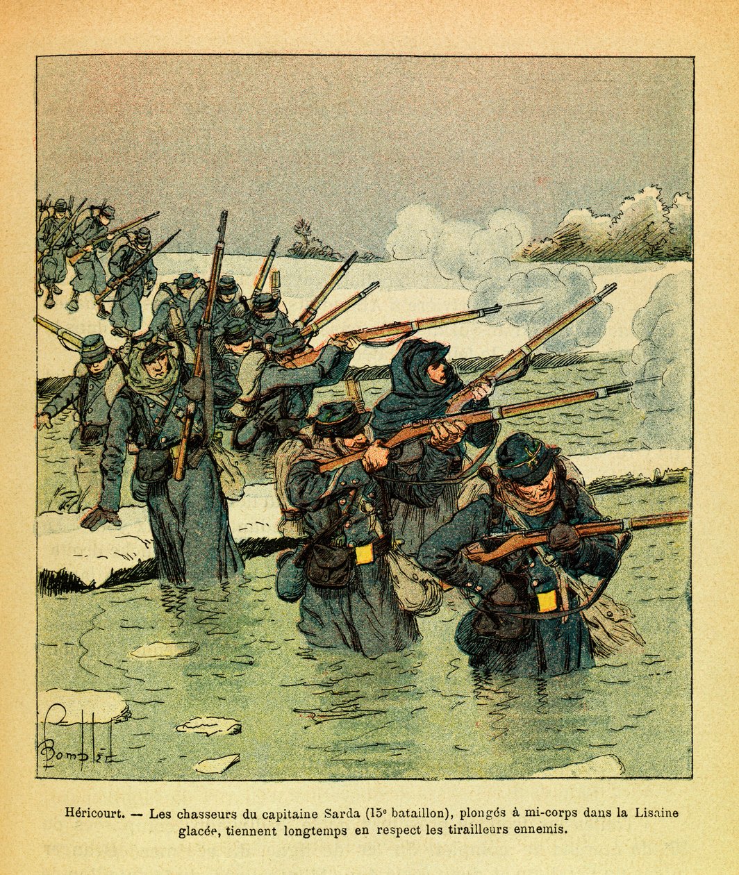 Gennaio 1871, Hericourt, i cacciatori del capitano Sarda si immergono a metà corpo nel ghiaccio Lisaine, tenendo a lungo il nemico da Louis Charles Bombled
