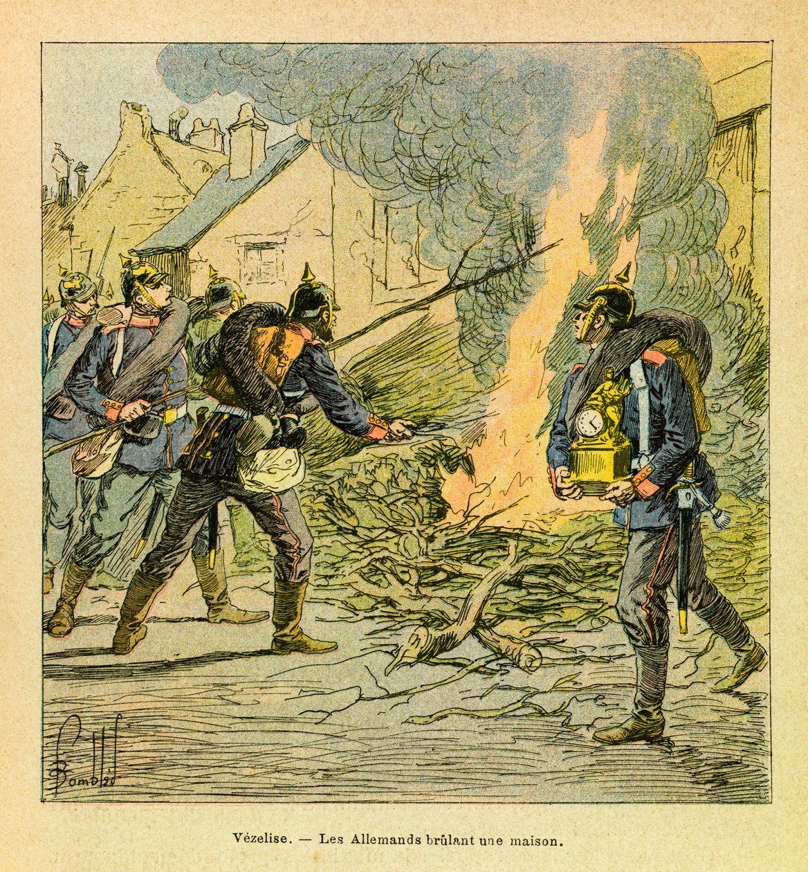 A Vezelise, i prussiani dopo aver invaso la città, bruciano una casa da Louis Charles Bombled
