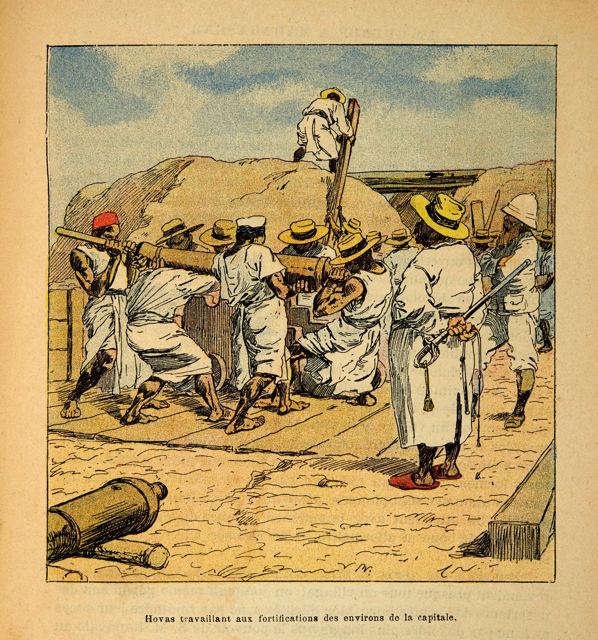 La Guerra in Madagascar - Storia Aneddotica delle Spedizioni Francesi del 1885-1895 di Henri Galli detto Galllichet (1854-1922), illustrato da Louis Bombled (1862-1927): Hovas che lavorano alle fortificazioni della capitale nel 1895, Collezione Privata da Louis Charles Bombled