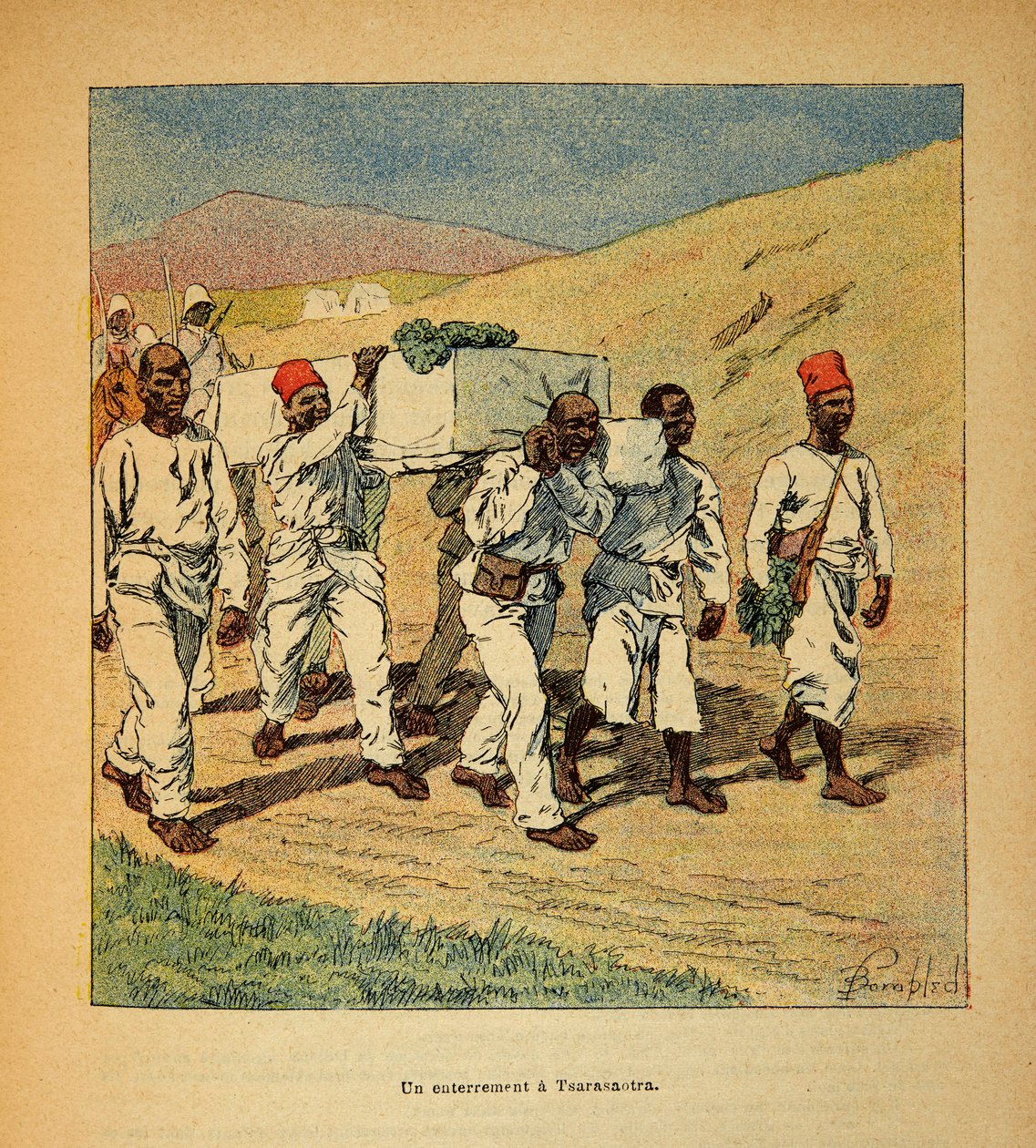 La guerra in Madagascar - Storia aneddotica delle spedizioni francesi del 1885-1895 di Henri Galli detto Galllichet, illustrato da Louis Bombled: Sepoltura di un soldato a Tsarasaotra nel 1895 da Louis Charles Bombled