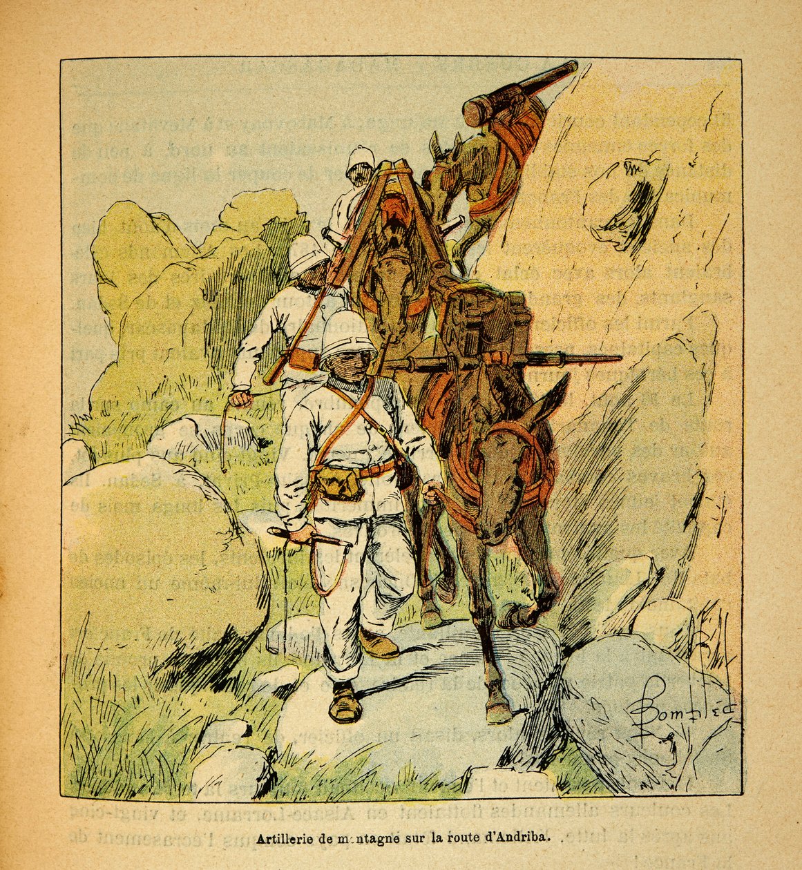 La guerra in Madagascar - Storia aneddotica delle spedizioni francesi del 1885-1895 di Henri Galli detto Galllichet, illustrato da Louis Bombled: Artiglieria da montagna sulla strada di Andriba per il Madagascar nel 1895 da Louis Charles Bombled