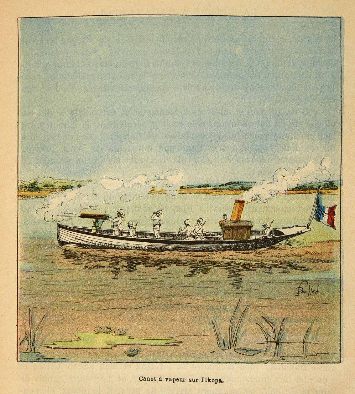 La guerra in Madagascar - Storia aneddotica delle spedizioni francesi del 1885-1895 di Henri Galli detto Galllichet, illustrato da Louis Bombled: Canoniere francese sul fiume Ikopa in Madagascar nel 1895 da Louis Charles Bombled