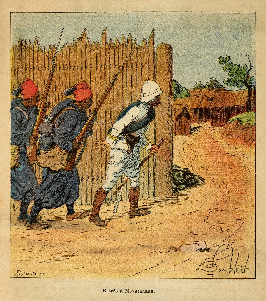 La guerra in Madagascar - Storia aneddotica delle spedizioni francesi del 1885-1895 di Henri Galli detto Galllichet, illustrato da Louis Bombled: Truppe francesi entrano nel villaggio di Mevatanana nel 1895 da Louis Charles Bombled