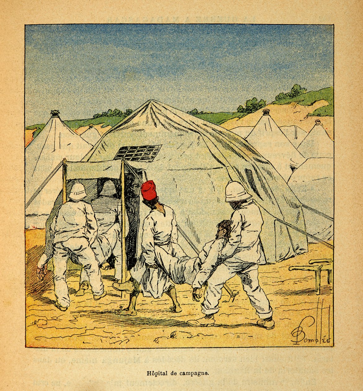La guerra in Madagascar - Storia aneddotica delle spedizioni francesi del 1885-1895 di Henri Galli dit Galllichet (1854-1922), illustrata da Louis Bombled (1862-1927): Ospedale da campo militare in Madagascar nel 1895 da Louis Charles Bombled