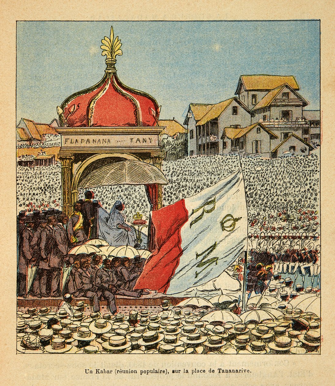 La guerra in Madagascar - Storia aneddotica delle spedizioni francesi del 1885-1895 di Henri Galli dit Galllichet (1854-1922), illustrata da Louis Bombled (1862-1927): Un Kabar (incontro popolare) in Piazza Tananarive nel XIX secolo alla presenza del Qu da Louis Charles Bombled