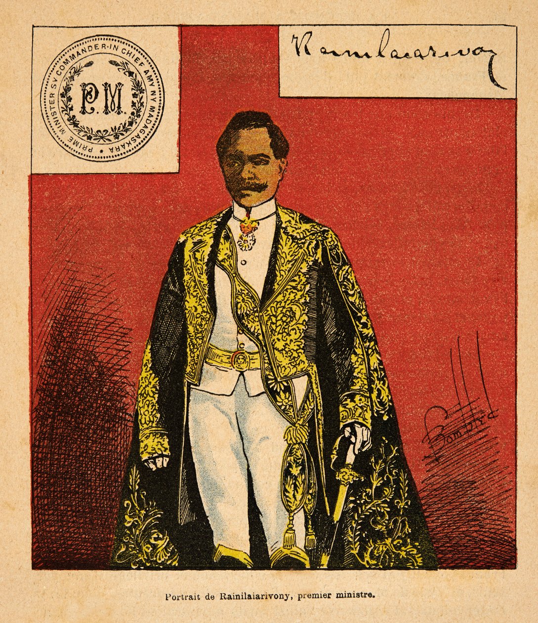 La guerra in Madagascar - Storia aneddotica delle spedizioni francesi del 1885-1895 di Henri Galli dit Galllichet (1854-1922), illustrata da Louis Bombled (1862-1927): Ritratto del Primo Ministro Rainilaiarivony (1828-1896) da Louis Charles Bombled